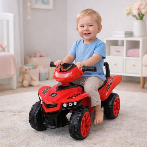 Jeździk QUAD J5 CZERWONY, chodzik, pchaczyk, muzyka, klakson