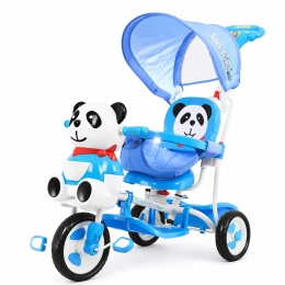 3-kołowy Rowerek dla dzieci Panda Niebieski + Dźwięki + Daszek + Barierka + Podnóżek + Rączka + Schowek