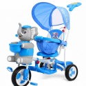 3-kołowy Rowerek dla dzieci Słonik Niebieski + Dźwięki + Daszek + Barierka + Podnóżek + Rączka + Schowek