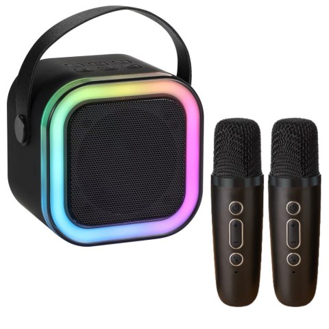 Zestaw Do Karaoke Głośnik Dwa Mikrofony Światła LED Czarny