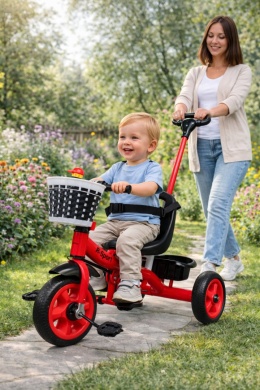 Rowerek Trójkołowy T8 czerwony z rączką Koła EVA Pchacz