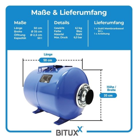 Hydrofor z membraną 50l zbiornik ciśnieniowy 6Bar Bituxx stalowy