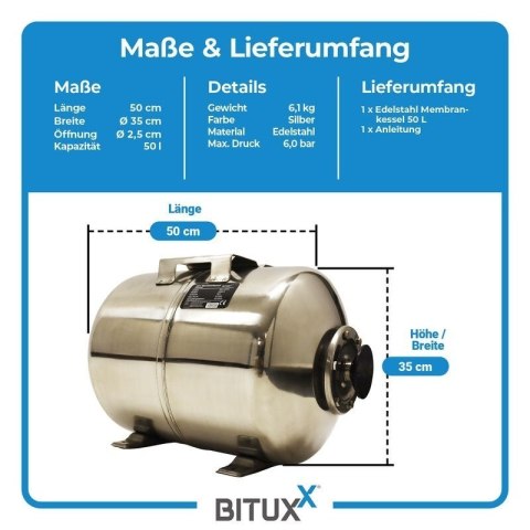 Zbiornik membranowy BITUXX 50L | Stal nierdzewna | Naczynie ciśnieniowe 6 bar