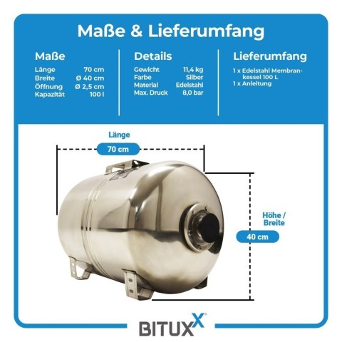 Zbiornik membranowy ze stali nierdzewnej BITUXX 100L zbiornik ciśnieniowy 8 bar do domowych instalacji wodnych