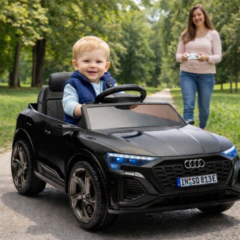 AUDI SQ8 CZARNY Auto na akumulator, Pilot, Światła, Muzyka, Skóra, koła EVA