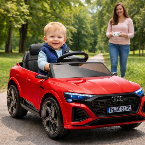 AUDI SQ8 CZERWONY Auto na akumulator, Pilot, Światła, Muzyka, Skóra, koła EVA