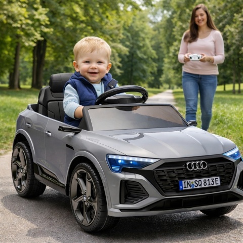 AUDI SQ8 SREBRNY Auto na akumulator, Pilot, Światła, Muzyka, Skóra, koła EVA