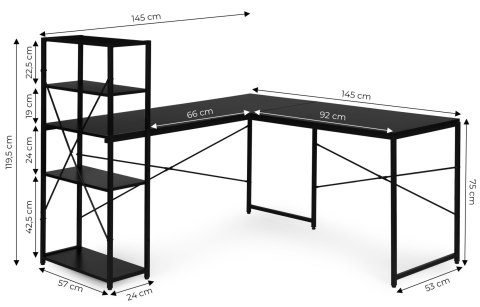 Biurko narożne z regałem 4 półki komputerowe czarne loftowe ModernHome