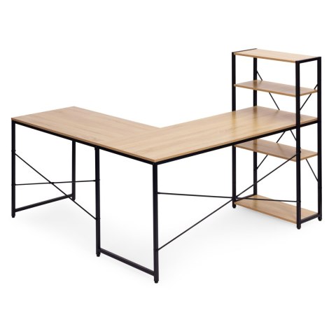 Biurko narożne z regałem 4 półki komputerowe jasny dąb loftowe ModernHome