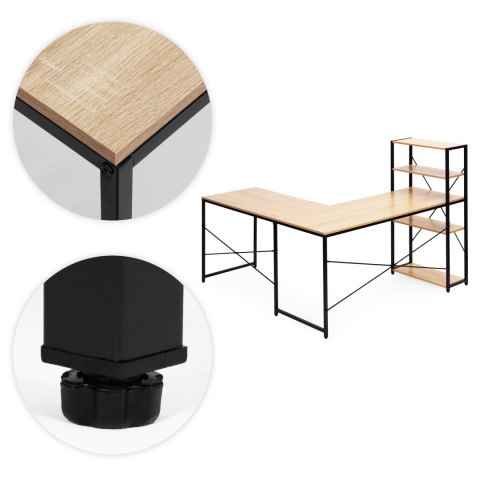 Biurko narożne z regałem 4 półki komputerowe jasny dąb loftowe ModernHome