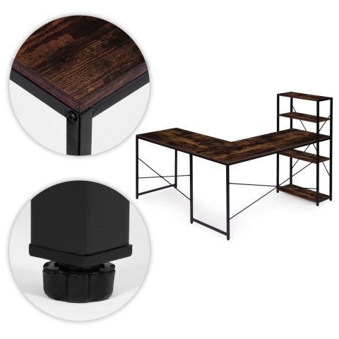 Biurko narożne z regałem 4 półki komputerowe postarzany orzech loftowe ModernHome