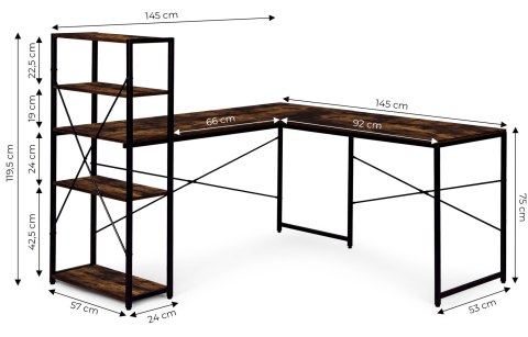 Biurko narożne z regałem 4 półki komputerowe postarzany orzech loftowe ModernHome
