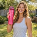 Butelka na wodę bidon ze słomką uchwytem miarką motywacyjną na siłownię BPA free Tritan 1l różowa