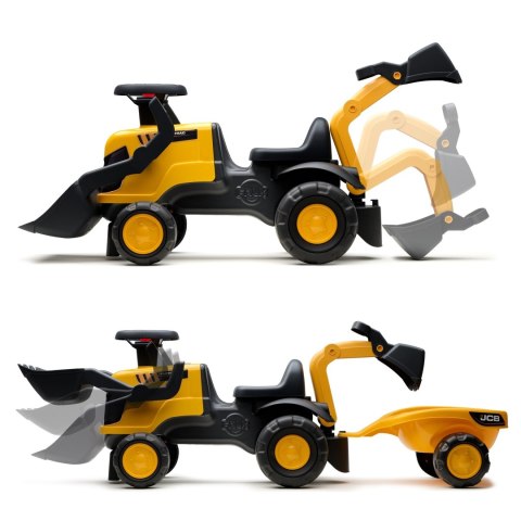 FALK Jeździk Traktor JCB z Przyczepą Grabkami i Łopatką Ciche Koła 1-3 lat