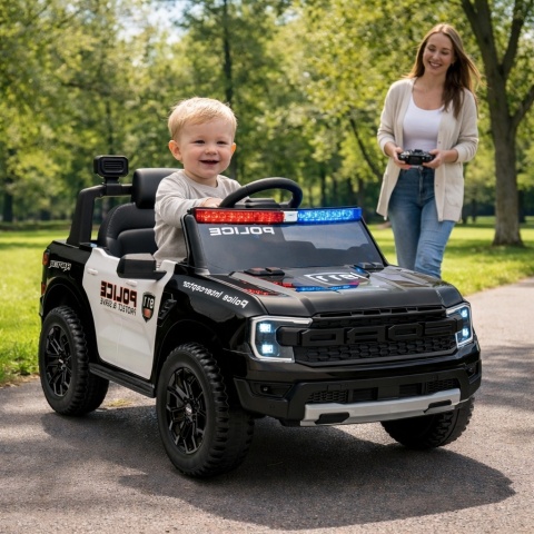 FORD RANGER Raptor CZARNY POLICE Auto na akumulator EVA Skóra pilot AKUMULATOR LION