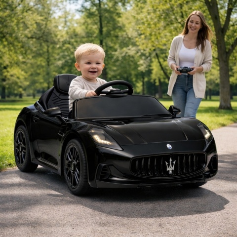 Maserati GranTurismo CZARNY Auto na akumulator, Skóra, Pilot, Światła, Muzyka, Koła EVA