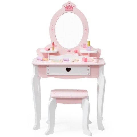VIGA Duża Toaletka Drewniana Biało-Różowa z Lustrem i Krzesełkiem