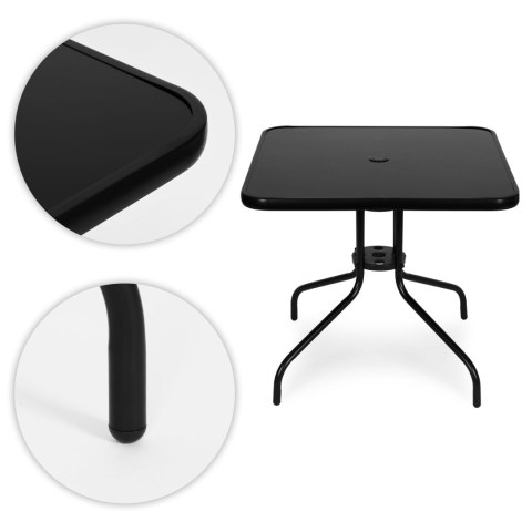 Stolik ogrodowy kwadratowy 80 cm szkło hartowane otwór na parasol czarny MultiGarden