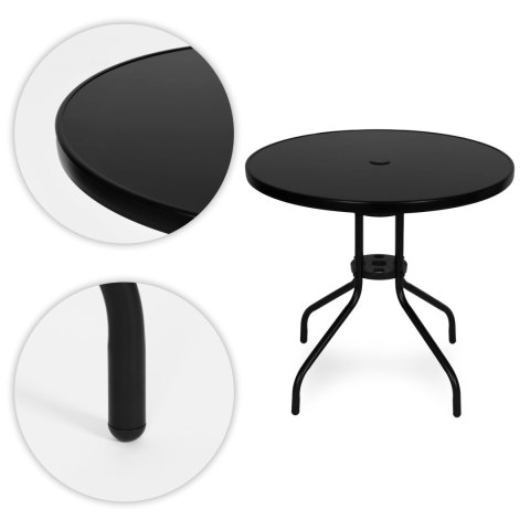 Stolik ogrodowy okrągły 80 cm szkło hartowane otwór na parasol czarny MultiGarden