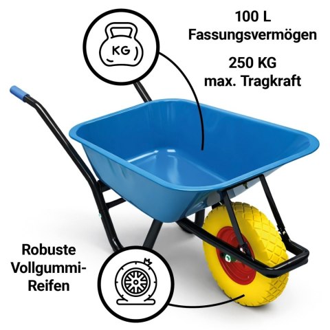 Taczka Ogrodowa Solidna taczka 100L jednokołowa niebieska Mocna 250kg +żółte koło PU