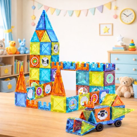 Klocki Magnetyczne Edukacyjne Okienka Z Pojazdem 3D Naklejki 138 el.