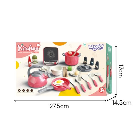 WOOPIE Zestaw Małego Kucharza Indukcja Garnki Patelnia Czajnik Różowy 30el.