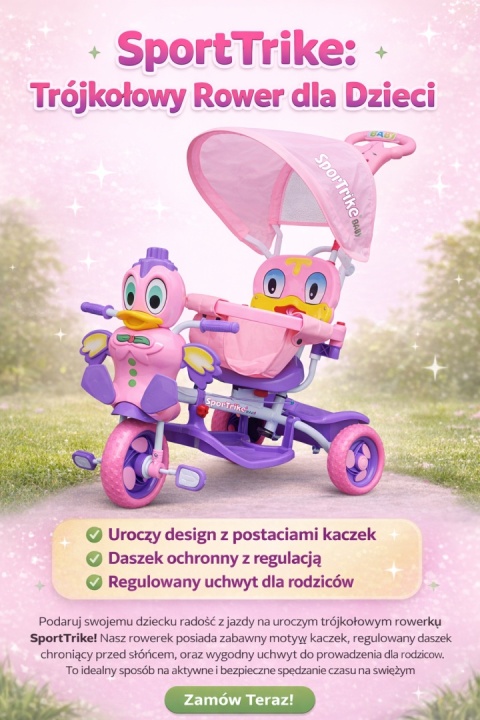 3-kołowy Rowerek dla dzieci Kaczka Fioletowy + Dźwięki + Daszek + Barierka + Podnóżek + Rączka + Schowek