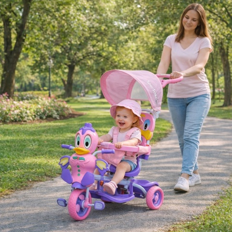 3-kołowy Rowerek dla dzieci Kaczka Fioletowy + Dźwięki + Daszek + Barierka + Podnóżek + Rączka + Schowek
