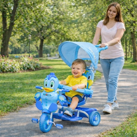3-kołowy Rowerek dla dzieci Kaczka Niebieski + Dźwięki + Daszek + Barierka + Podnóżek + Rączka + Schowek