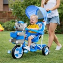 3-kołowy Rowerek dla dzieci Słonik Niebieski + Dźwięki + Daszek + Barierka + Podnóżek + Rączka + Schowek