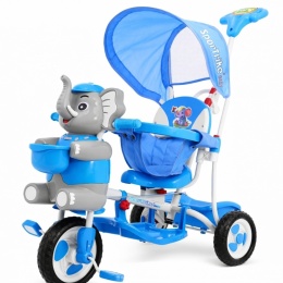 3-kołowy Rowerek dla dzieci Słonik Niebieski + Dźwięki + Daszek + Barierka + Podnóżek + Rączka + Schowek