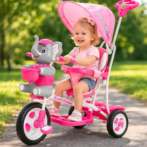 3-kołowy Rowerek dla dzieci Słonik Różowy + Dźwięki + Daszek + Barierka + Podnóżek + Rączka + Schowek