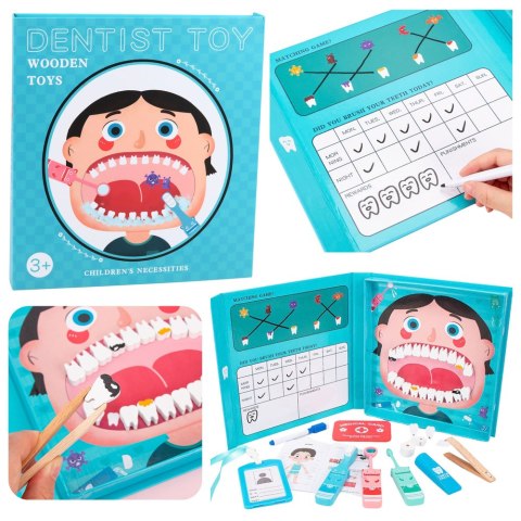 Drewniany Zestaw Małego Dentysty Książka Magnetyczna Zęby Narzędzia