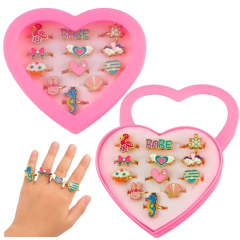 Zestaw Pierścionki Dla Dzieci Regulowane Metalowe Różne Wzory Serce 12 szt.