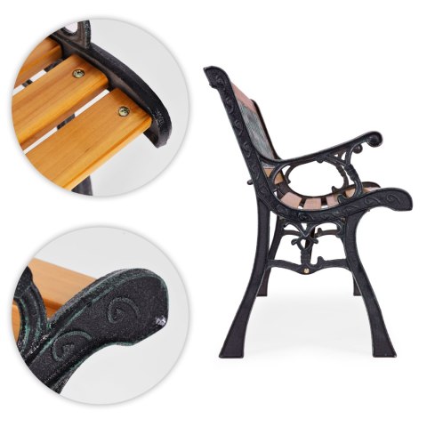 Drewniana ławka ogrodowa 126x51 cm z ażurowym oparciem i żeliwnymi nogami parkowa MultiGarden