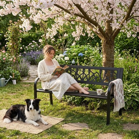 Ławka ogrodowa z dekoracyjnym oparciem 120x50 cm metalowa parkowa czarna MultiGarden