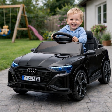 AUDI SQ8 CZARNY Auto na akumulator, Pilot, Światła, Muzyka, Skóra, koła EVA