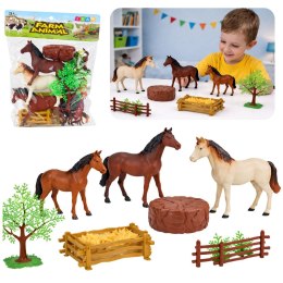 Zestaw Figurki Zwierzęta Domowe Farma Konie Duże Małe Drzewka Płot 23 el.