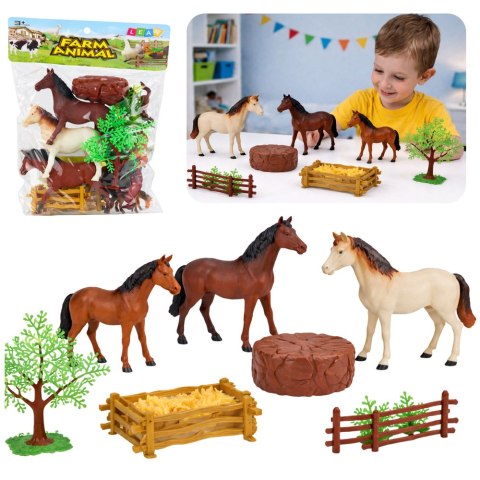 Zestaw Figurki Zwierzęta Domowe Farma Konie Duże Małe Drzewka Płot 23 el.