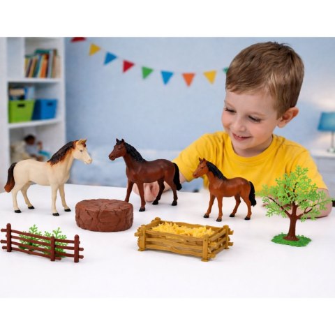 Zestaw Figurki Zwierzęta Domowe Farma Konie Duże Małe Drzewka Płot 23 el.