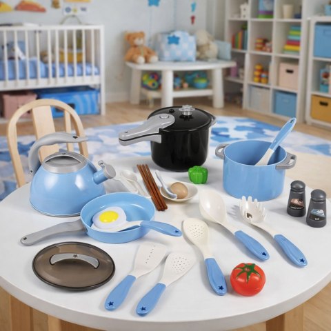 Zestaw Naczyń Kuchennych Garnki Patelnia Czajnik Akcesoria Niebieskie 32el.