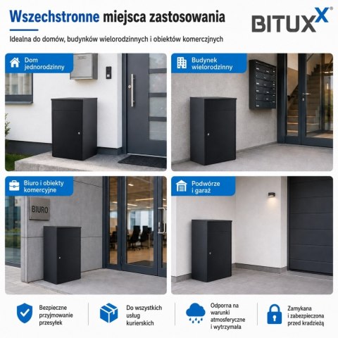 Skrzynka na paczki BITUX 90L stalowa zamykana czarna wodoodporna 53x41x76,5