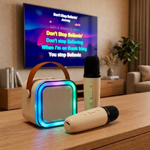 Zestaw do karaoke głośnik Bluetooth 2 mikrofony USB LED 6W beżowy