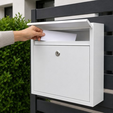 Biała Skrzynka pocztowa na listy połyskowa wrzutnia na gazety ulotki poczte