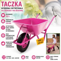 Taczka ogrodowa Wózek 100l z kołem pompowanym RÓŻOWA do 250kg Ocynkowana