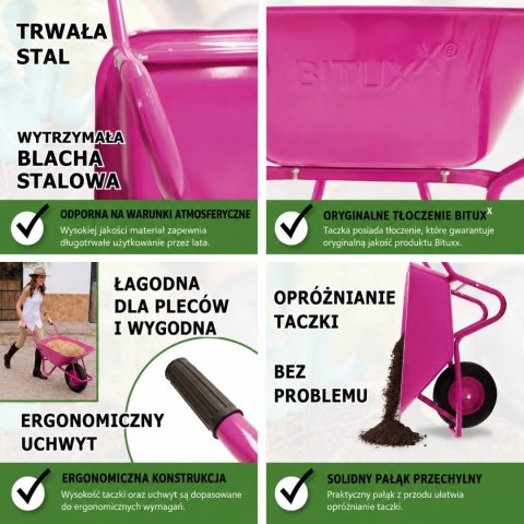 Taczka ogrodowa Wózek 100l z kołem pompowanym RÓŻOWA do 250kg Ocynkowana