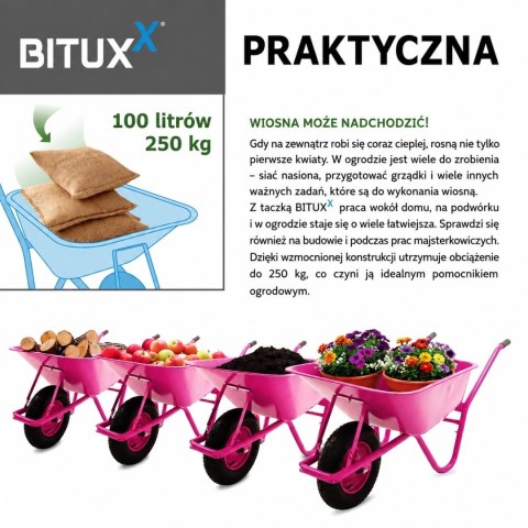 Taczka ogrodowa Wózek 100l z kołem pompowanym RÓŻOWA do 250kg Ocynkowana