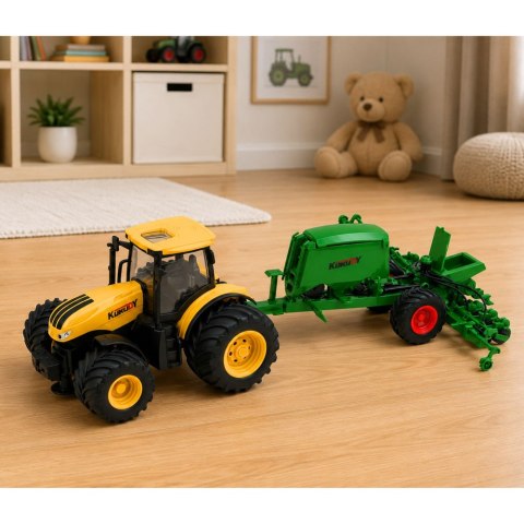 Traktor Rolniczy z Siewnikiem i Agregatem Światła Dźwięki Żółty 1:24