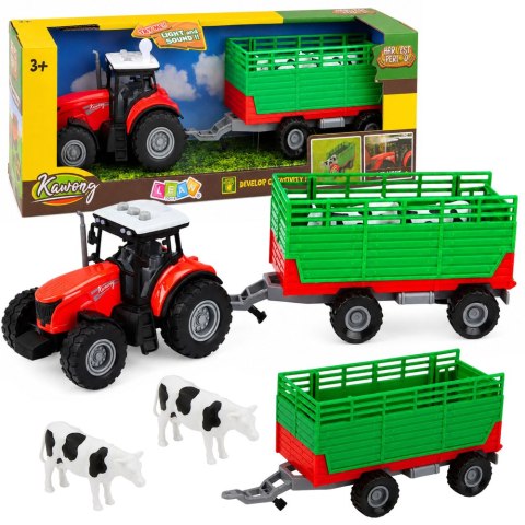 Traktor z Przyczepą Do Transportu Zwierząt Figurki Krów Światła Dźwięki 4 el.