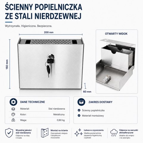 Popielniczka naścienna Popielnica ze stali inox na klucz BITUXX 20cm